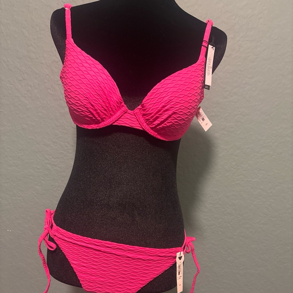Victorias Secret Swim 34B Icon Push Up Top Bikini Set Side Tie M Bottom Hot Pink